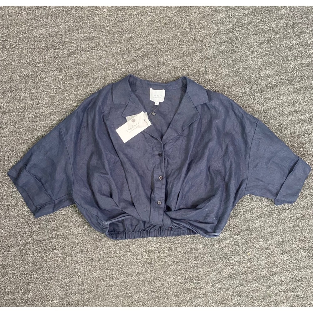 Sundays By We Are Sundays Linen Tula Shirt Cropped Top Blue Womens Small NEW